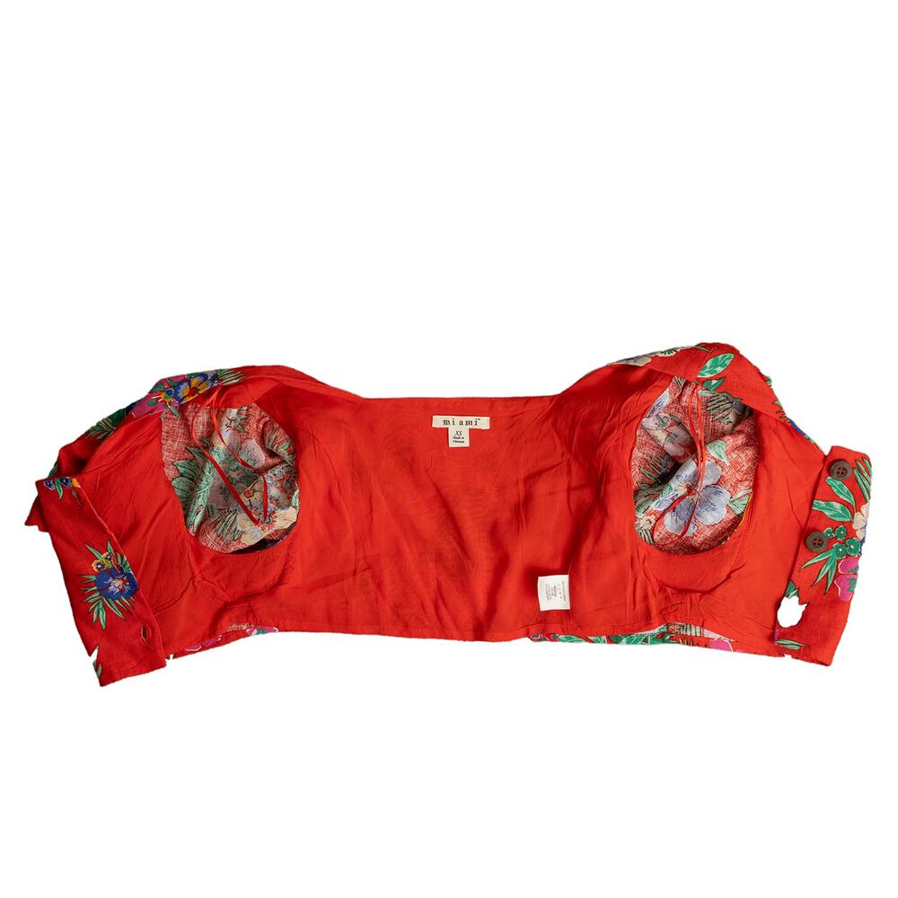 Francescas Miami Red Linen Floral Button-Up Cropped Tropical Hibiscus Resortwear - Picture 3 of 11
